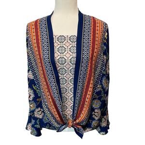 Fig and Flower Blue Jacobean Floral Blouse Bell Sleeve Boho Peasant Top Sz L